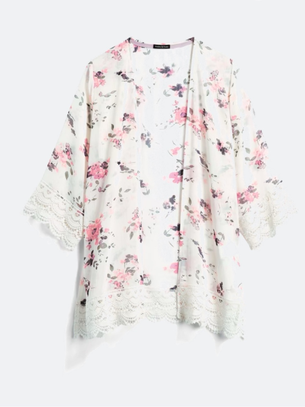 Floral Lace-Trim Kimono Cardigan - White/Pink